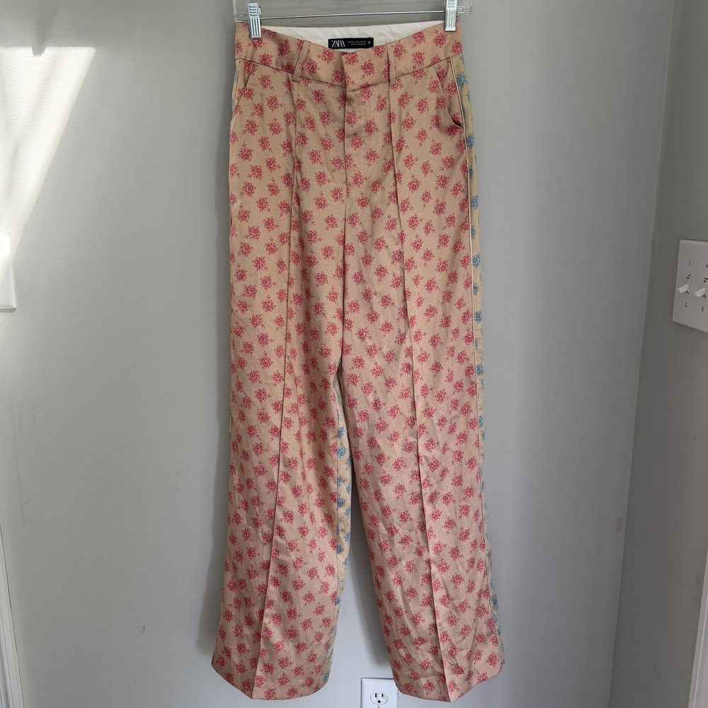 Zara Peach Blue Floral Mixed Pattern Wide Leg Trouser Pants Boho Cottage Size XS